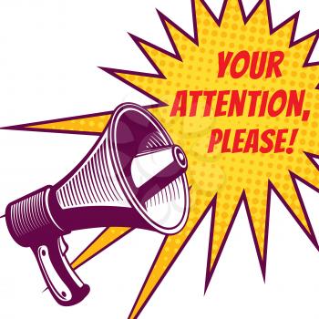 Attention please vector symbols with voice megaphone in pop art style illustration