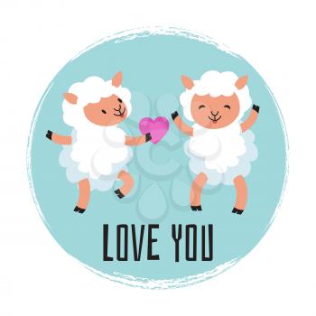 Cute cartoon sheeps in love. Vector love you emblem or card design illustration