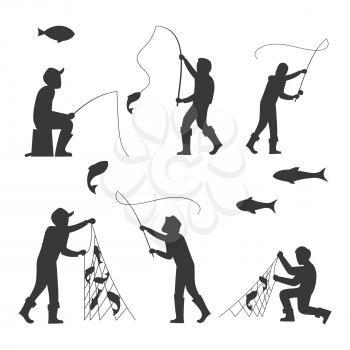 Fish and fisherman silhouettes isolated on white background. Fisherman fishing sport and leisure. Vector illustration