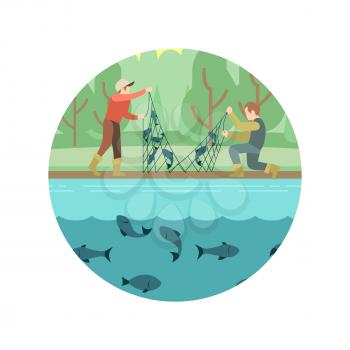 Fishing men with fish and equipment vector emblem icon illustration