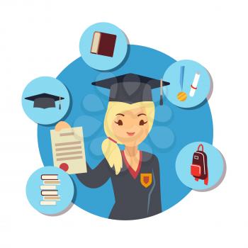 Graduate concept with student girl and school accessorises elemens. Vector illustration