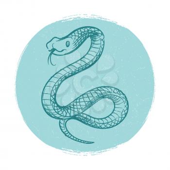 Grunge vector design emblem with hand drawn snake isolated on white illustration