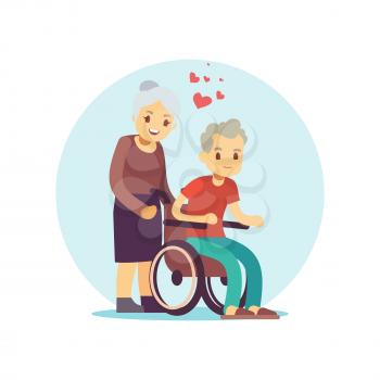 Old people cartoon vector characters set. Senior couple in love flat design icon isolate on white illustration