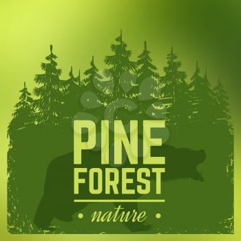 Pine forest silhouette with wild bear on green blured backdrop. Nature vector background illustration