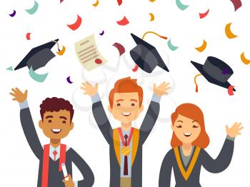 Young happy graduates with graduate caps and falling confetti. School achievement ceremony finish education. Vector illustration