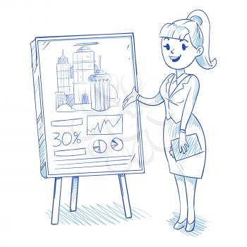 Businesswoman presenting new business centre. Hand drawing construction company presentation. Vector illustration