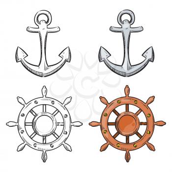 Cartoon character anchor and sea wheel isolated on white background. Nautical elements for coloring book. Vector illustration