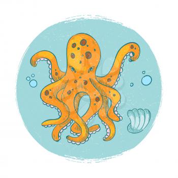 Cartoon character octopus emblem. Grunge vector ocean animal logo icon isolated illustration
