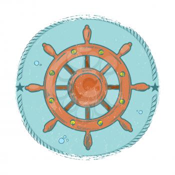Grunge nautical emblem. Hand drawn sea wheel logo design. Vector illustration