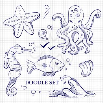 Hand drawn sketch ocean wild animals on notebook page. Vector illustration