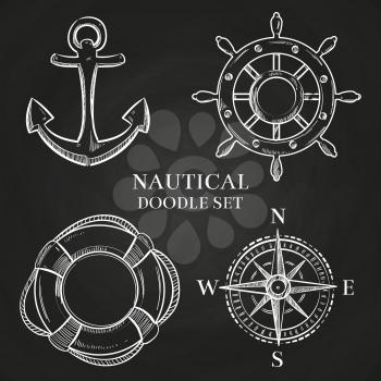 Nautical doodle elements on chalkboard. Vector handwheel, anchor, compass and lifebuoy illustration