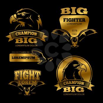 Shiny golden eagle heraldry vector labels, logos, emblems on black backdrop illustration