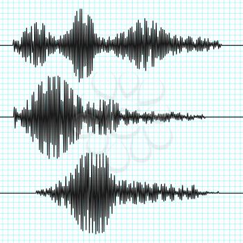 Frequency seismograph waves, seismogram, earthquake graphs. Seismic wave vector set. Illustration of vibration seismometer diagram, waveform record