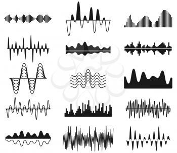 Sound frequency waves. Analog curved signal symbols. Audio track music equalizer forms, soundwaves signals vector set. Wavy signal electronic equalizer illustration