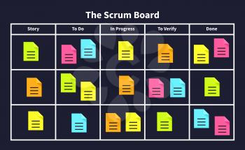 Scrum task board with sticky notes for agile software development. Visual team project management vector illustration. Project methodology scheme, teamwork development
