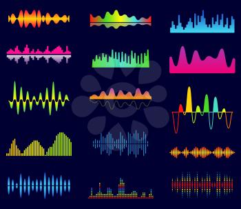 Music equalizer, audio analog waves, studio sound frequency, music player waveform, sound spectrum signal, sonic tracks vector set. Electronic equalizer frequency, wave curve, waveforms