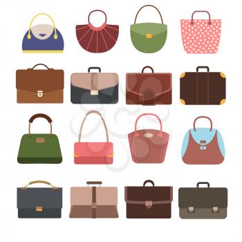 Female and male handbags. Fashion lady purse and bag accessories vector collection isolated. Leather handbag and accessory elegance illustration