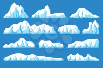 Cartoon floating iceberg vector set. Ocean ice rocks landscape for climate and environment protection concept. Iceberg cold, nature winter glacier illustration