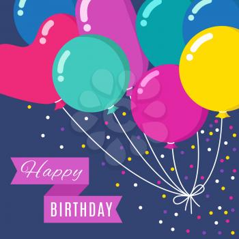 Colorful cartoon bunch of balloons flying in sky with happy birthday banner. Vector invitation card. Poster with colored balloon for party event illustration