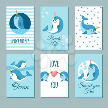 Cute cartoon anime narwhal romance cards. Posters with funny kawaii baby unicorn whale vector characters. Illustration of banner with sea animal template