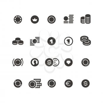 Coin signs. Stacked coins, dollar, money, fund, donate and cash vector icons isolated. Dollar money currency, investment finance illustration