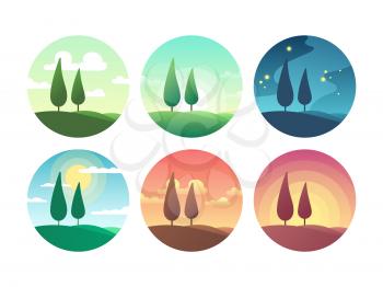 Beautiful summer landscape at different times of day. Sunrise morning, sunny day, sunset evening and starry night vector icons. Sunrise and sunburst, sunshine lighting morning coolection of icons