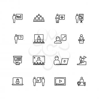 Presentation and conference symbols. Training and learning line icons. People group in class outline pictograms vector set isolated. Business education seminar, group audience illustration