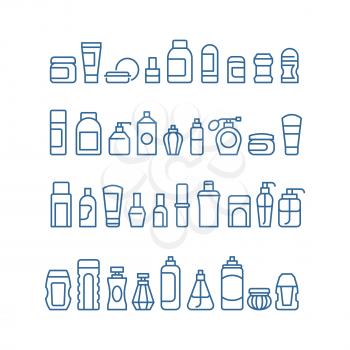 Woman beauty products, cosmetics, body skin care and makeup package vector icons isolated. Collection of tube container, package cream lotion illustration
