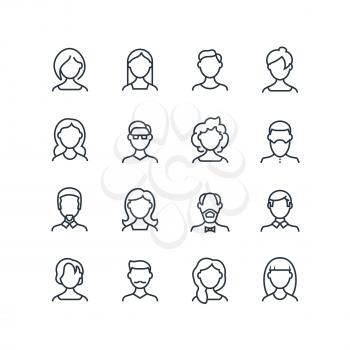 Woman and man face line icons. Female male profile outline symbols with different hairstyles. Vector people avatars isolated. Character person portrait, male and female outline illustration