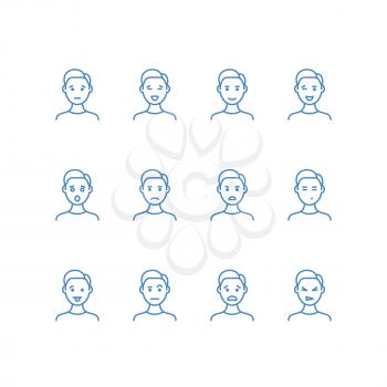 Man face with different emotions line icons. Male profile outline symbols of emoji. Happy, sad, fun and angry mans portraits isolated. Vector expression outline linear facial portrait illustration