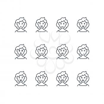 Woman face with different expressions line icons. Female profile outline emoji. Happy, sad, and angry woman vector portraits isolated. Emotion and expression girl illustration