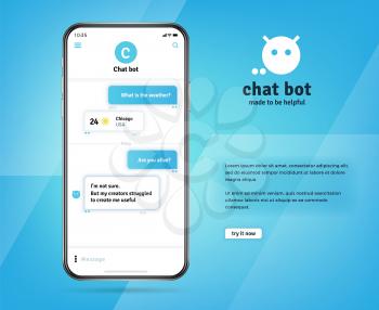 Online chatbot app with messages on realistic smartphone screen. Eps 10 vector concept. Chatting and conversation, with bot phone, message smartphone illustration