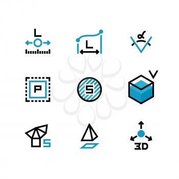 Square area, size, surface areas, 3d dimension, angle and perimeter measuring vector icons isolate. Illustration of symbol acreage, , measurement icon
