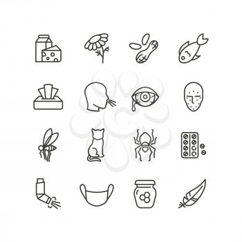 Allergy and rhinitis symptoms line icons. Allergic and allergen outline vector medicine symbols isolated. Allergen pollen and gluten illustration