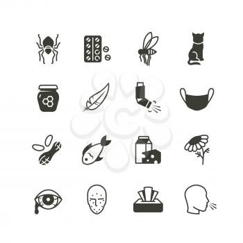Pollen, dust, wheat and cat allergy and rhinitis icons set. Allergic and allergen vector medicine symbols isolated. Allergen dust and lactose, insect and nuts illustration
