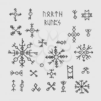 Futhark norse viking runes and talismans. Nordic pagan vector occult symbols for tattoo. Scandinavian gothic magic runic illustration