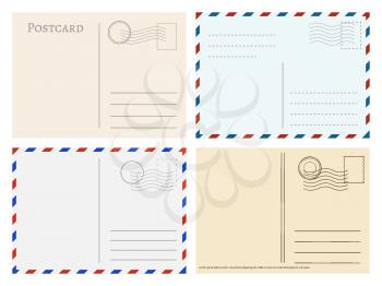 Travel postcard templates. Greetings post cards backside vector set. Postal empty blank for mail illustration