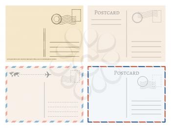 Vintage paper postal cards. Greetings from postcard vector template. Postage card, vintage post stamp, postal postmark for mail illustration