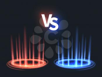 Versus glowing teleport effect on floor. Vs battle scene with rays and sparks. Abstract hologram supernatural vector background. Fight and battle game challenge, competition color vs illustration
