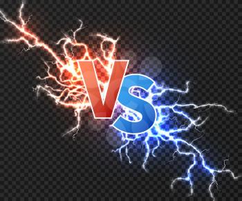 Versus concept with collision of two electric discharge. Vs vector background with power explosion of lightning isolated. Illustration of battle challenge collision