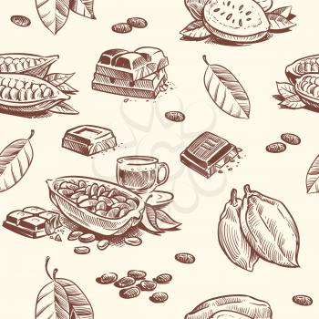 Cocoa tree, chocolate beans seamless pattern. Cacao fruit woodcut vector repeating texture. Seed tree sweet cacao illustration