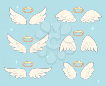 Flying angel wings with gold nimbus. Angelic wing cartoon vector set. Illustration of holy symbol collection
