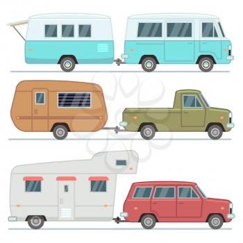 Rv cars, travel mobile houses, family camping trailers, motorhome vehicles vector set isolated. Car trailer vehicle with house illustration