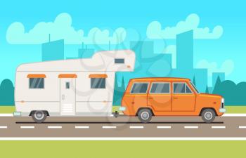 Family rv camping trailer on road. Country traveling and outdoor vacation vector concept. Transport for journey, motorhome truck for travel illustration