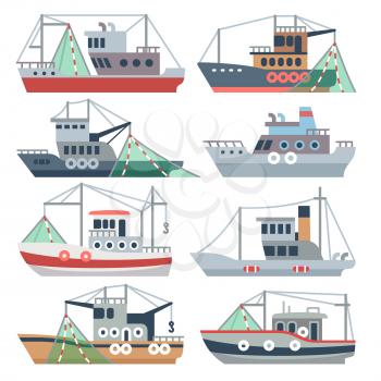 Fishing ocean boats. Commercial fisherman ships isolated vector set. Nautical fishing vessel, shipping sea fish illustration