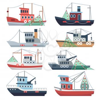 Fishing ocean boats. Commercial trawlers, fisherman ships sea and river vessels isolated vector set. Illustration of catch fish, nautical transport industry