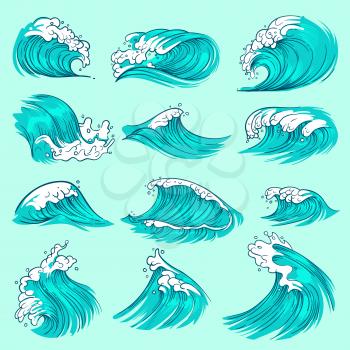 Vintage hand drawn sea blue waves with splashes. Ocean storm water vector set. Surf splash ocean, wave of sea swirl illustration