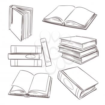 Hand drawn books, paper magazine and school textbooks. Sketch book piles. Doodle bookshop and education vector retro set isolated. Illustration of book sketch, textbook for education