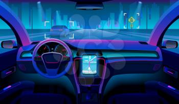 Future autonomous vehicle, driverless car interior with obstacles and night landscape outside. Futuristic car assistant vector concept. Sensor system driver navigation for vehicle illustration