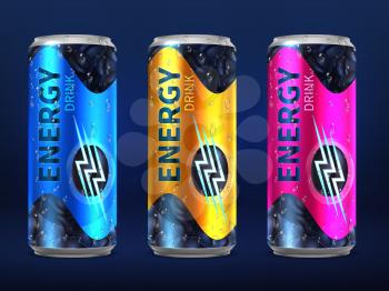 Realistic disposable energy drink cans in different colors of design vector template isolated on white background. Beverage cold in metallic bank illustration